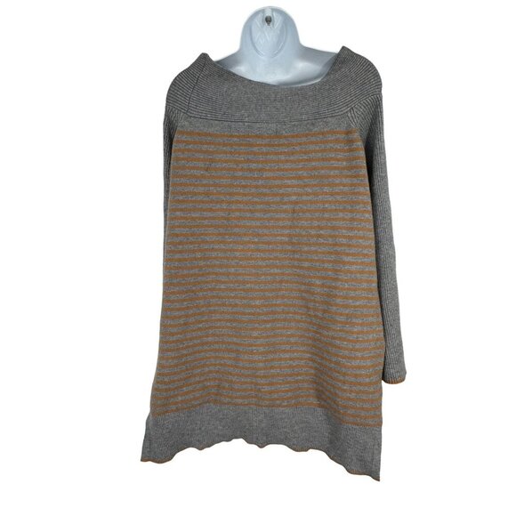 Anthropologie Gray Striped ELISE Ribbed Off Shoulder Sweater Size L - Picture 2 of 11